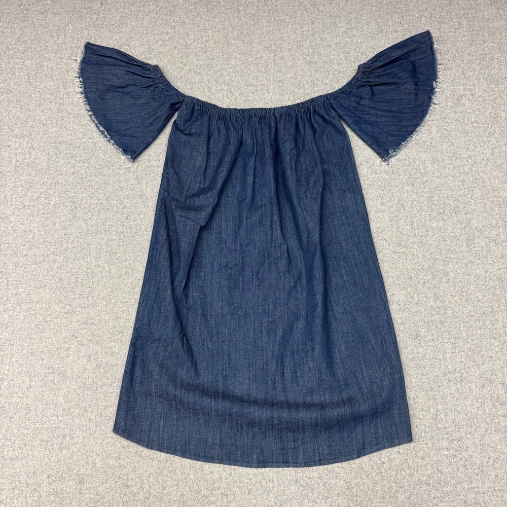 Black Bead Denim Off The Shoulder Dress Large Blue Frayed Bell Sleeve Shift Mini